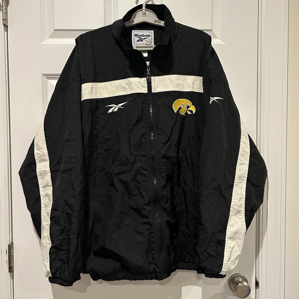 VTG Reebok Iowa Hawkeyes Windbreaker Jacket Full Zip Men's 2XL Black Embroidered